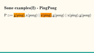 Some examples(2) - PingPong
P ::= x(ping).x(pong) | x(ping).x(pong) | x(ping).x(pong)
 