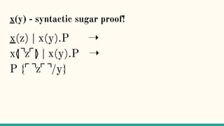 x(y) - syntactic sugar proof!
x(z) | x(y).P ➝
x⦉⌝z⌜⦊ | x(y).P ➝
P {⌜⌝z⌜⌝/y}
 
