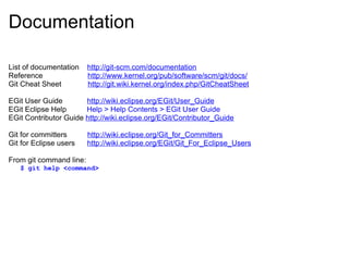 Documentation List of documentation     http://git-scm.com/documentation Reference                       http://www.kernel.org/pub/software/scm/git/docs/ Git Cheat Sheet              http://git.wiki.kernel.org/index.php/GitCheatSheet EGit User Guide             http://wiki.eclipse.org/EGit/User_Guide EGit Eclipse Help           Help > Help Contents > EGit User Guide EGit Contributor Guide  http://wiki.eclipse.org/EGit/Contributor_Guide Git for committers           http://wiki.eclipse.org/Git_for_Committers Git for Eclipse users       http://wiki.eclipse.org/EGit/Git_For_Eclipse_Users   From git command line: $ git help <command> 
