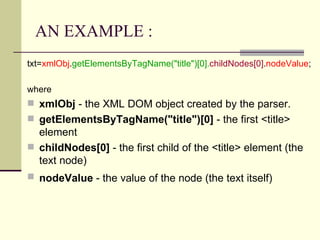 AN EXAMPLE :
txt=xmlObj.getElementsByTagName("title")[0].childNodes[0].nodeValue;

where
 xmlObj - the XML DOM object created by the parser.
 getElementsByTagName("title")[0] - the first <title>
  element
 childNodes[0] - the first child of the <title> element (the
  text node)
 nodeValue - the value of the node (the text itself)
 