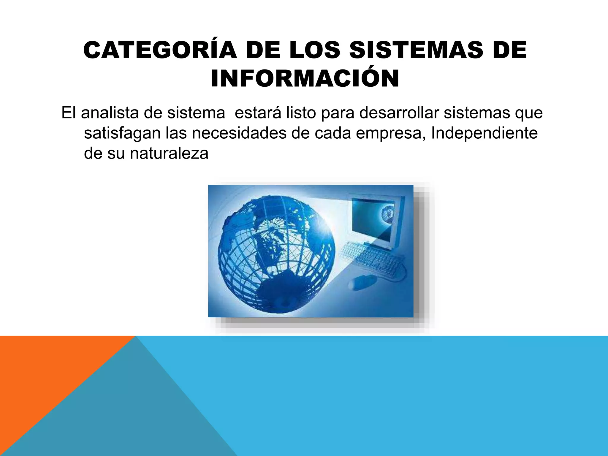 CATEGORÍA DE LOS SISTEMAS DE 
INFORMACIÓN 
El analista de sistema estará listo para desarrollar sistemas que 
satisfagan las necesidades de cada empresa, Independiente 
de su naturaleza 
 