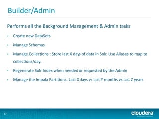 Builder/Admin
17
Performs all the Background Management & Admin tasks
• Create new DataSets
• Manage Schemas
• Manage Collections : Store last X days of data in Solr. Use Aliases to map to
collections/day.
• Regenerate Solr Index when needed or requested by the Admin
• Manage the Impala Partitions. Last X days vs last Y months vs last Z years
 