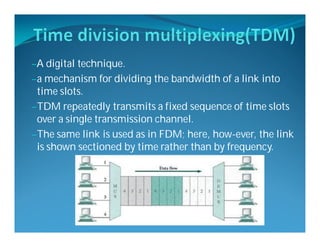 –A digital technique.
–a mechanism for dividing the bandwidth of a link into
time slots.
–TDM repeatedly transmits a fixed sequence of time slots
over a single transmission channel.
–The same link is used as in FDM; here, how-ever, the link
is shown sectioned by time rather than by frequency.
 