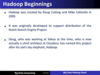 Hadoop Beginnings
Hadoop was created by Doug Cutting and Mike Cafarella in
2005
It was originally developed to support distribution of the
Nutch Search Engine Project.
Doug, who was working at Yahoo at the time, who is now
actually a chief architect at Cloudera, has named this project
after his son’s toy elephant, Hadoop.
Vu Pham Big Data Hadoop Stack
Big Data Computing
 