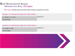 Multi Dimensional Arrays
Attributes of an Array: The nbytes
The ‘nbytes’ attribute gives the total number of bytes occupied by an array
Example-2: To understand the usage of the ‘nbytes’ attribute
a = array([1.1, 2.3])
print(a.nbytes)
Outputs: 16
●
Example-1: To understand the usage of the ‘nbytes’ attribute
a = array([1, 2, 3, 4, 5])
print(a.nbytes)
Outputs: 20
 