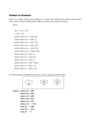 Pointer to Pointers
Pointer is a variable, which contains address of a variable. This variable itself could be another pointer.
Thus, a pointer contains another pointer's address as shown in the example given below:
main()
{
int i = 3; int *j, **k;
j = &i; k = &j;
printf ("Address of i = %dn", &i);
printf ("Address of i = %dn", j);
printf ("Address of i = %dn", *k);
printf ("Address of j = %dn", &j);
printf ("Address of j = %dn", *k);
printf ("Address of k = %dnn", &k);
printf ("Value of j = %dn", j);
printf ("Value of k = %dn", k);
printf ("Value of i = %dn", i);
printf ("Value of i = %dn", *(&i));
printf ("Value of i = %dn", *j);
printf ("Value of i = %dn", **k);
}
The following figure would help you in tracing out how a program prints the output.
Output: Address of i = 6485
Address of i = 6485
Address of i = 6485
Address of j = 3276
Address of j = 3276
Address of k = 7234
Value of j = 6485
Value of k = 3276
Value of i = 3
i
3
6485
i
6485
3276
k
3276
7234
 