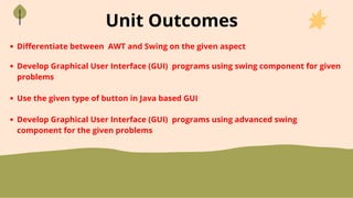 Unit Outcomes
Differentiate between AWT and Swing on the given aspect
Develop Graphical User Interface (GUI) programs using swing component for given
problems
Use the given type of button in Java based GUI
Develop Graphical User Interface (GUI) programs using advanced swing
component for the given problems
 
