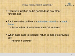 How Recursion Works?
6
 Recursive function call is handled like any other
function call
 Each recursive call has an activation record or a stack
frame
► Stores values of parameters and local variables
 When base case is reached, return is made to previous
call
► Recursion “unwinds”
 