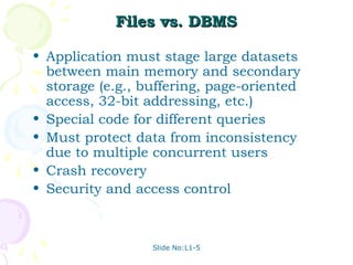 Files vs. DBMS

• Application must stage large datasets
  between main memory and secondary
  storage (e.g., buffering, page-oriented
  access, 32-bit addressing, etc.)
• Special code for different queries
• Must protect data from inconsistency
  due to multiple concurrent users
• Crash recovery
• Security and access control



                  Slide No:L1-5
 