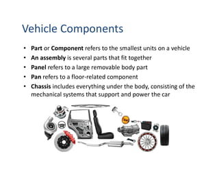 Vehicle Components
• Part or Component refers to the smallest units on a vehicle
• An assembly is several parts that fit together
• Panel refers to a large removable body part
• Pan refers to a floor-related component
• Chassis includes everything under the body, consisting of the
mechanical systems that support and power the car
 