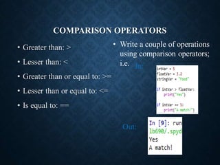 COMPARISON OPERATORS
• Greater than: >
• Lesser than: <
• Greater than or equal to: >=
• Lesser than or equal to: <=
• Is equal to: ==
In:
Out:
• Write a couple of operations
using comparison operators;
i.e.
 