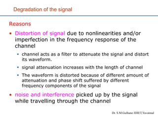 Degradation of the signal
Reasons
• Distortion of signal due to nonlinearities and/or
imperfection in the frequency response of the
channel
▪ channel acts as a filter to attenuate the signal and distort
its waveform.
▪ signal attenuation increases with the length of channel
▪ The waveform is distorted because of different amount of
attenuation and phase shift suffered by different
frequency components of the signal
• noise and interference picked up by the signal
while travelling through the channel
Dr. S.M.Gulhane JDIET,Yavatmal
 