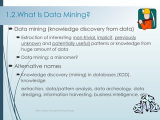 1.2 What Is Data Mining?
 Data mining (knowledge discovery from data)
 Extraction of interesting (non-trivial, implicit, previously
unknown and potentially useful) patterns or knowledge from
huge amount of data
 Data mining: a misnomer?
 Alternative names
 Knowledge discovery (mining) in databases (KDD),
knowledge
extraction, data/pattern analysis, data archeology, data
dredging, information harvesting, business intelligence, etc.
Data Mining: Concepts and Techniques
5
 