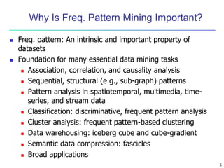 5
Why Is Freq. Pattern Mining Important?
 Freq. pattern: An intrinsic and important property of
datasets
 Foundation for many essential data mining tasks
 Association, correlation, and causality analysis
 Sequential, structural (e.g., sub-graph) patterns
 Pattern analysis in spatiotemporal, multimedia, time-
series, and stream data
 Classification: discriminative, frequent pattern analysis
 Cluster analysis: frequent pattern-based clustering
 Data warehousing: iceberg cube and cube-gradient
 Semantic data compression: fascicles
 Broad applications
 
