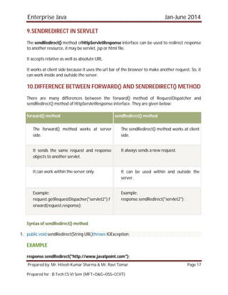 Enterprise Java Jan-June 2014
Prepared by: Mr. Hitesh Kumar Sharma & Mr. Ravi Tomar Page 17
Prepared for : B.Tech CS VI Sem (MFT+O&G+OSS+CCVT)
9.SENDREDIRECT IN SERVLET
The sendRedirect() method ofHttpServletResponse interface can be used to redirect response
to another resource, it may be servlet, jsp or html file.
It accepts relative as well as absolute URL.
It works at client side because it uses the url bar of the browser to make another request. So, it
can work inside and outside the server.
10.DIFFERENCE BETWEEN FORWARD() AND SENDREDIRECT() METHOD
There are many differences between the forward() method of RequestDispatcher and
sendRedirect() method of HttpServletResponse interface. They are given below:
forward() method sendRedirect() method
The forward() method works at server
side.
The sendRedirect() method works at client
side.
It sends the same request and response
objects to another servlet.
It always sends a new request.
It can work within the server only. It can be used within and outside the
server.
Example:
request.getRequestDispacher("servlet2").f
orward(request,response);
Example:
response.sendRedirect("servlet2");
Syntax of sendRedirect() method
1. public void sendRedirect(String URL)throws IOException;
EXAMPLE
response.sendRedirect("http://www.javatpoint.com");
 
