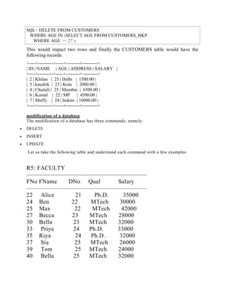 SQL> DELETE FROM CUSTOMERS
WHERE AGE IN (SELECT AGE FROM CUSTOMERS_BKP
WHERE AGE >= 27 );
This would impact two rows and finally the CUSTOMERS table would have the
following records.
+----+----------+-----+---------+----------+
| ID | NAME | AGE | ADDRESS | SALARY |
+----+----------+-----+---------+----------+
| 2 | Khilan | 25 | Delhi | 1500.00 |
| 3 | kaushik | 23 | Kota | 2000.00 |
| 4 | Chaitali | 25 | Mumbai | 6500.00 |
| 6 | Komal | 22 | MP | 4500.00 |
| 7 | Muffy | 24 | Indore | 10000.00 |
+----+----------+-----+---------+----------+
modification of a database
The modification of a database has three commands, namely:
 DELETE
 INSERT
 UPDATE
Let us take the following table and understand each command with a few examples
R5: FACULTY
————————————————————
FNo FName DNo Qual Salary
————————————————————
22 Alice 21 Ph.D. 35000
24 Ben 22 MTech 30000
25 Max 22 MTech 42000
27 Becca 23 MTech 28000
30 Bella 23 MTech 32000
33 Priya 24 Ph.D. 33000
35 Riya 24 Ph.D. 32000
37 Sia 25 MTech 26000
39 Tom 25 MTech 24000
40 Bella 25 MTech 32000
 