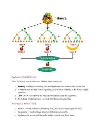 Applications of Random Forest
There are mainly four sectors where Random forest mostly used:
1. Banking: Banking sector mostly uses this algorithm for the identification of loan risk.
2. Medicine: With the help of this algorithm, disease trends and risks of the disease can be
identified.
3. Land Use: We can identify the areas of similar land use by this algorithm.
4. Marketing: Marketing trends can be identified using this algorithm.
Advantages of Random Forest
o Random Forest is capable of performing both Classification and Regression tasks.
o It is capable of handling large datasets with high dimensionality.
o It enhances the accuracy of the model and prevents the overfitting issue.
 