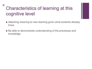 Characteristics of learning at this cognitive levelAttaching meaning to new learning given what students already knowBe able to demonstrate understanding of the processes and knowledge