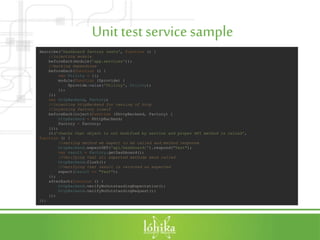 Unit testservicesample
describe('Dashboard factory tests', function () {
//injecting module
beforeEach(module('app.services'));
//mocking dependcies
beforeEach(function () {
var Utility = {};
module(function ($provide) {
$provide.value('Utility', Utility);
});
});
var httpBackend, Factory;
//injecting httpBackend for testing of http
//injecting factory itself
beforeEach(inject(function ($httpBackend, Factory) {
httpBackend = $httpBackend;
Factory = Factory;
}));
it('checks that object is not modified by service and proper API method is called',
function () {
//setting method we expect to be called and method response
httpBackend.expectGET('api/Dashboard/').respond("Test");
var result = Factory.getDashboard();
//Verifying that all expected methods were called
httpBackend.flush();
//verifying that result is returned as expected
expect(result == "Test");
});
afterEach(function () {
httpBackend.verifyNoOutstandingExpectation();
httpBackend.verifyNoOutstandingRequest();
});
});
 