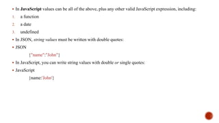  In JavaScript values can be all of the above, plus any other valid JavaScript expression, including:
1. a function
2. a date
3. undefined
 In JSON, string values must be written with double quotes:
 JSON
{"name":"John"}
 In JavaScript, you can write string values with double or single quotes:
 JavaScript
{name:'John'}
 