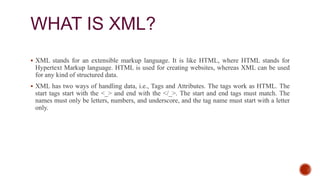 WHAT IS XML?
 XML stands for an extensible markup language. It is like HTML, where HTML stands for
Hypertext Markup language. HTML is used for creating websites, whereas XML can be used
for any kind of structured data.
 XML has two ways of handling data, i.e., Tags and Attributes. The tags work as HTML. The
start tags start with the <_> and end with the </_>. The start and end tags must match. The
names must only be letters, numbers, and underscore, and the tag name must start with a letter
only.
 