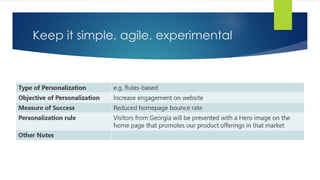 Keep it simple, agile, experimental
 