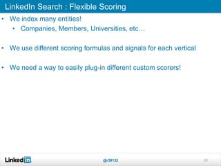 LinkedIn Search : Flexible Scoring
@r39132 62
• We index many entities!
• Companies, Members, Universities, etc…
• We use different scoring formulas and signals for each vertical
• We need a way to easily plug-in different custom scorers!
 