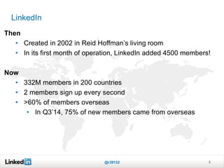 LinkedIn
5
*
Then
• Created in 2002 in Reid Hoffman’s living room
• In its first month of operation, LinkedIn added 4500 members!
Now
• 332M members in 200 countries
• 2 members sign up every second
• >60% of members overseas
• In Q3’14, 75% of new members came from overseas
@r39132 5
 