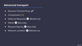 Advanced transport
@junr03
● Dynamic Forward Proxy ✅
● Compression 🚧
● Deferred Requests 🕒 (Resilience)
● OAuth 🕒 (Security)
● Request Signing 🕒 (Security)
● Network condition 🕒 (Resilience)
 