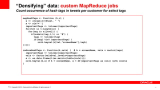 “Densifying” data: custom MapReduce jobs
Count occurrence of hash tags in tweets per customer for select tags
mapHashTags <- function (k,v) {
x <- strsplit(v$text, " ")
x <- x[x!='']
importantTags <- tolower(importantTags)
for(twt in 1:length(x)) {
for(tag in x[[twt]]) {
if(substr(tag,1,1) == "#") {
tagL <- tolower(tag)
if(tagL %in% importantTags) {
orch.keyval(v[twt,"screenName"],tagL)
}}}}}
reduceHashTags <- function(k,vals) { # k = screenName, vals = vector(tags)
importantTags <- tolower(importantTags)
vals <- factor(vals$val,levels=importantTags)
x <- as.data.frame(t(as.matrix(table(vals))))
orch.keyval(k,x) # k = screenName, x = df(importantTags as cols) with counts
}

19

Copyright © 2013, Oracle and/or its affiliates. All rights reserved.

19

 