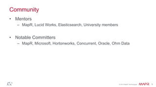 © 2014 MapR Technologies 5
Community
• Mentors
– MapR, Lucid Works, Elasticsearch, University members
• Notable Committers
– MapR, Microsoft, Hortonworks, Concurrent, Oracle, Ohm Data
 