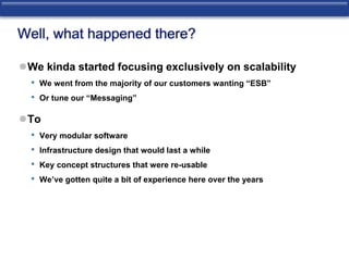 Well, what happened there? 
We kinda started focusing exclusively on scalability 
• We went from the majority of our customers wanting “ESB” 
• Or tune our “Messaging” 
To 
• Very modular software 
• Infrastructure design that would last a while 
• Key concept structures that were re-usable 
• We’ve gotten quite a bit of experience here over the years 
 