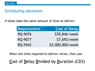 Mar 2011


Scheduling decisions

If these take the same amount of time to deliver:


           Requirement            Cost of Delay
           RQ-9076                $78,846/week
           RQ-9077                 $7,692/week
           RQ-5942             $X,000,000/week

   When the time required to deliver varies, then use:

   Cost of Delay Divided by Duration (CD3)
 