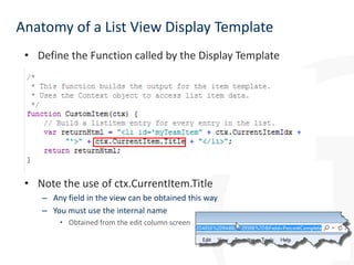 Anatomy of a List View Display Template
• Define the Function called by the Display Template

• Note the use of ctx.CurrentItem.Title
– Any field in the view can be obtained this way
– You must use the internal name
• Obtained from the edit column screen

 