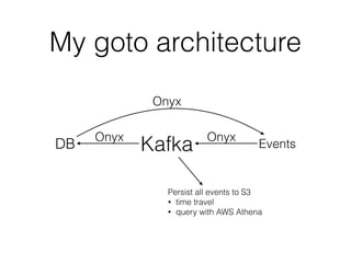 My goto architecture
KafkaDB Events
Onyx Onyx
Onyx
Persist all events to S3
• time travel
• query with AWS Athena
 