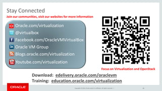 Copyright © 2014, Oracle and/or its affiliates. All rights reserved. |
Stay Connected
• Oracle.com/virtualization
• @virtualbox
• Facebook.com/OracleVMVirtualBox
• Oracle VM Group
• Blogs.oracle.com/virtualization
Join our communities, visit our websites for more information
46
Youtube.com/virtualization
Focus on Virtualization and OpenStack
Download: edelivery.oracle.com/oraclevm
Training: education.oracle.com/virtualization
 