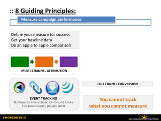 :: 8 Guiding Principles:
         Measure campaign performance


    Define your measure for success
    Get your baseline data
    Do an apple to apple comparison




         MULTI-CHANNEL ATTRIBUTION


                                                  FULL FUNNEL CONVERSION



                EVENT TRACKING
     Multimedia Interaction | Outbound Links
                                                   You cannot track
          File Downloads | jQuery DOM          what you cannot measure

#MORCON2012
 