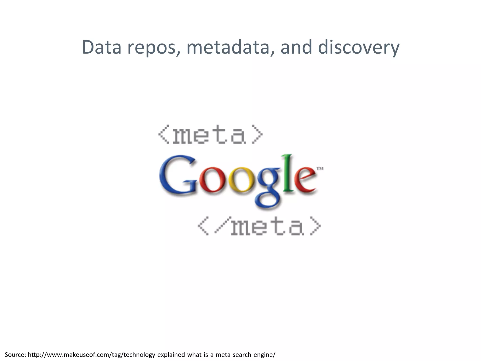 Data	repos,	metadata,	and	discovery	
Source:	hJp://www.makeuseof.com/tag/technology-explained-what-is-a-meta-search-engine/	
 