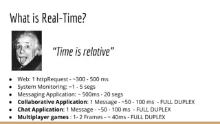 What is Real-Time?
● Web: 1 httpRequest - ~300 - 500 ms
● System Monitoring: ~1 - 5 segs
● Messaging Application: ~ 500ms - 20 segs
● Collaborative Application: 1 Message - ~50 - 100 ms - FULL DUPLEX
● Chat Application: 1 Message - ~50 - 100 ms - FULL DUPLEX
● Multiplayer games : 1- 2 Frames - ~ 40ms - FULL DUPLEX
“Time is relative”
 
