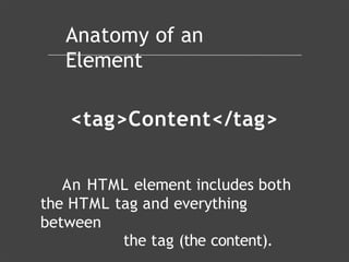 Anatomy of an
Element
<tag>Content</tag>
An HTML element includes both
the HTML tag and everything
between
the tag (the content).
 