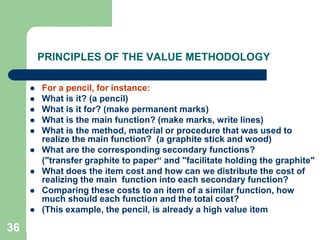 36PRINCIPLES OF THE VALUE METHODOLOGYFor a pencil, for instance:What is it? (a pencil)What is it for? (make permanent marks)What is the main function? (make marks, write lines)What is the method, material or procedure that was used to realize the main function?  (a graphite stick and wood)What are the corresponding secondary functions? 	("transfer graphite to paper“ and "facilitate holding the graphite"What does the item cost and how can we distribute the cost of realizing the main  function into each secondary function?Comparing these costs to an item of a similar function, how much should each function and the total cost? (This example, the pencil, is already a high value item 