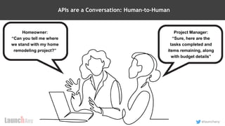 6
@launchany
APIs are a Conversation: Human-to-Human
Homeowner:
“Can you tell me where
we stand with my home
remodeling project?”
Project Manager:
“Sure, here are the
tasks completed and
items remaining, along
with budget details”
 