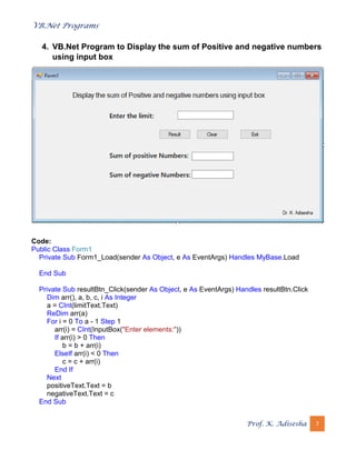 VB.Net Programs
Prof. K. Adisesha 7
4. VB.Net Program to Display the sum of Positive and negative numbers
using input box
Code:
Public Class Form1
Private Sub Form1_Load(sender As Object, e As EventArgs) Handles MyBase.Load
End Sub
Private Sub resultBtn_Click(sender As Object, e As EventArgs) Handles resultBtn.Click
Dim arr(), a, b, c, i As Integer
a = CInt(limitText.Text)
ReDim arr(a)
For i = 0 To a - 1 Step 1
arr(i) = CInt(InputBox("Enter elements:"))
If arr(i) > 0 Then
b = b + arr(i)
ElseIf arr(i) < 0 Then
c = c + arr(i)
End If
Next
positiveText.Text = b
negativeText.Text = c
End Sub
 