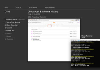 Gitlab : Repository > Commits
01 Git 02 GitLab 03 GitLab Team 04 Git for Designer
Check Push & Commit History04-6
1. Software Install (Desktop)
2. SourceTree Setting
3. Clone Repository
4. Commit
5. Push & Pull
6. Branch
7. Merge
8. Checkout
푸시 및 커밋 히스토리 확인
“git log”
Check Terminal
 