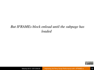 But IFRAMEs block onload until the subpage has
loaded
Velocity 2013 / 2013-06-20 Improving 3rd Party Script Performance with <IFRAME>s 16
 