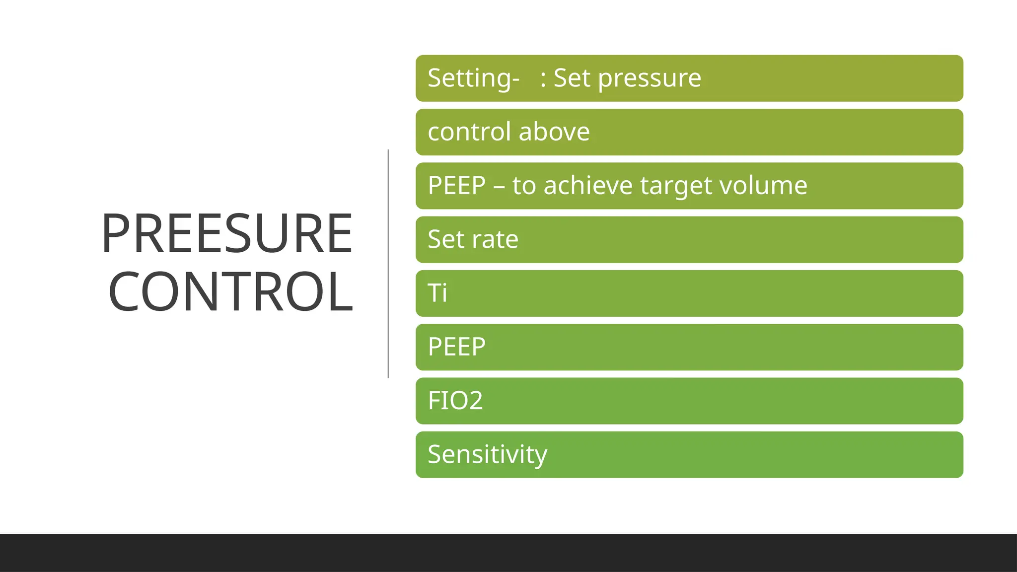 PREESURE
CONTROL
Setting- : Set pressure
control above
PEEP – to achieve target volume
Set rate
Ti
PEEP
FIO2
Sensitivity
 