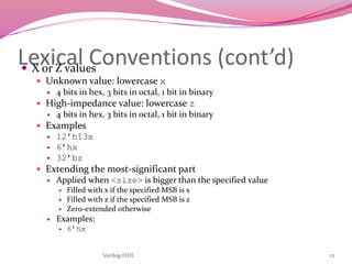Verilog HDL 12
Lexical Conventions (cont’d) X or Z values
 Unknown value: lowercase x
 4 bits in hex, 3 bits in octal, 1 bit in binary
 High-impedance value: lowercase z
 4 bits in hex, 3 bits in octal, 1 bit in binary
 Examples
 12’h13x
 6’hx
 32’bz
 Extending the most-significant part
 Applied when <size> is bigger than the specified value
 Filled with x if the specified MSB is x
 Filled with z if the specified MSB is z
 Zero-extended otherwise
 Examples:
 6’hx
 
