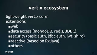 61
lightweight vert.x core
extensions
■web
■data access (mongoDB, redis, JDBC)
■security (basic auth, jdbc auth, jwt, shiro)
■reactive (based on RxJava)
■others
vert.x ecosystem
 