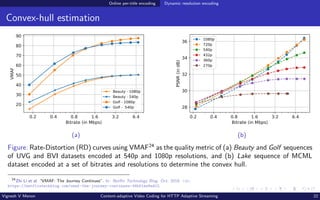Online per-title encoding Dynamic resolution encoding
Convex-hull estimation
(a) (b)
Figure: Rate-Distortion (RD) curves using VMAF24
as the quality metric of (a) Beauty and Golf sequences
of UVG and BVI datasets encoded at 540p and 1080p resolutions, and (b) Lake sequence of MCML
dataset encoded at a set of bitrates and resolutions to determine the convex hull.
24
Zhi Li et al. “VMAF: The Journey Continues”. In: Netflix Technology Blog. Oct. 2018. url:
https://netflixtechblog.com/vmaf-the-journey-continues-44b51ee9ed12.
Vignesh V Menon Content-adaptive Video Coding for HTTP Adaptive Streaming 22
 