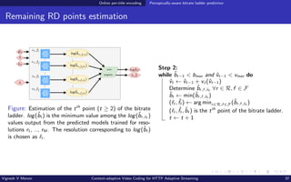 Online per-title encoding Perceptually-aware bitrate ladder prediction
Remaining RD points estimation
Figure: Estimation of the tth
point (t ≥ 2) of the bitrate
ladder. log(b̂t ) is the minimum value among the log(b̂r,v̂t )
values output from the predicted models trained for reso-
lutions r1, .., rM . The resolution corresponding to log(b̂t )
is chosen as ˆ
rt .
Step 2:
while b̂t−1 < bmax and v̂t−1 < vmax do
v̂t ← v̂t−1 + vJ (v̂t−1)
Determine b̂r,f ,v̂t ∀r ∈ R, f ∈ F
b̂t ← min(b̂r,f ,v̂t )
(ˆ
rt , ˆ
ft ) ← arg minr∈R,f ∈F (b̂r,f ,v̂t )
(ˆ
rt , ˆ
ft , b̂t ) is the tth
point of the bitrate ladder.
t ← t + 1
Vignesh V Menon Content-adaptive Video Coding for HTTP Adaptive Streaming 37
 